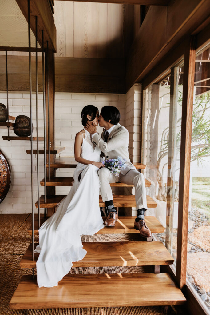 liljestrand house wedding couple sitting on euro architecture stairs