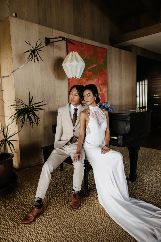 wedding couple sitting inside liljestrand house