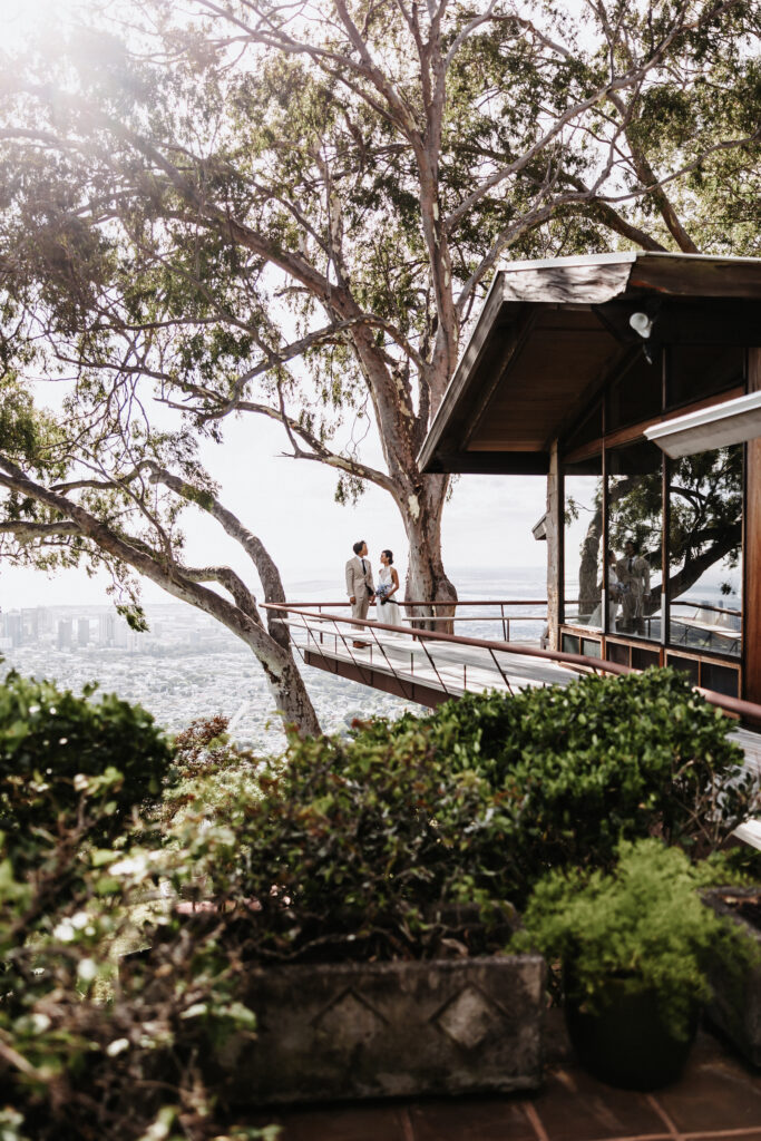 liljestrand house wedding couple on wrap around deck